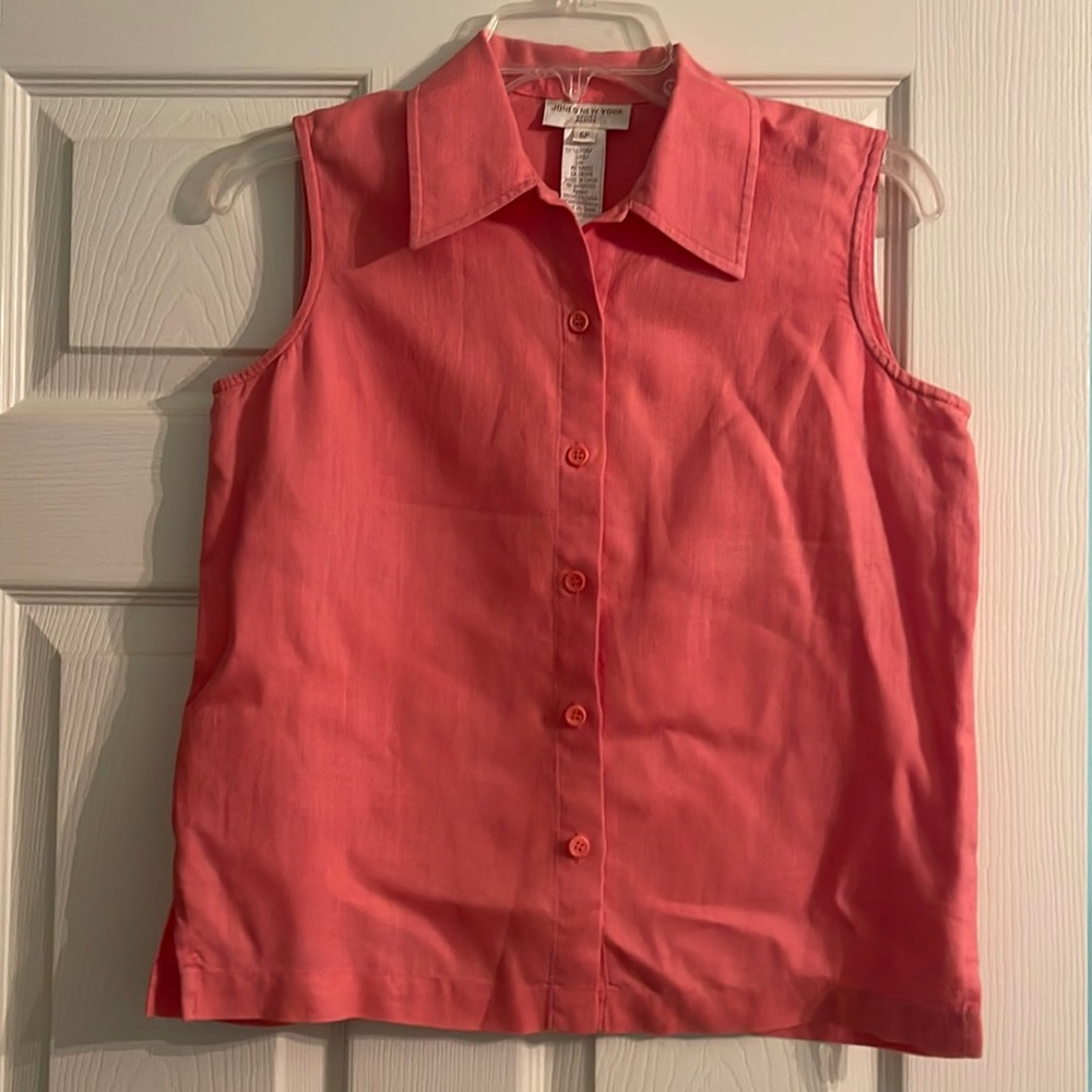 Jones New York Collared Linen Blouse, color coral, size 6P